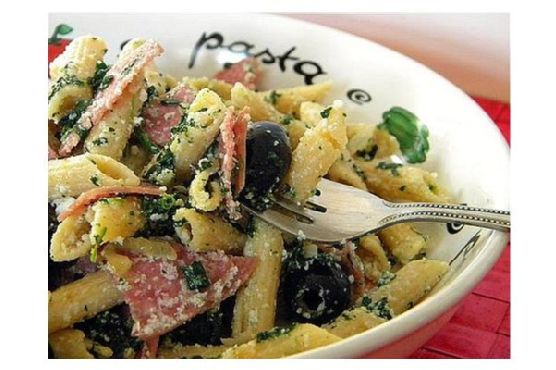 Cheesy Lemon Pasta with Salami, Olives & Spinach
