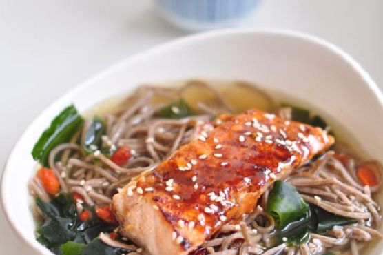Soba Noodle In Kombu Dashi With Teriyaki Salmon